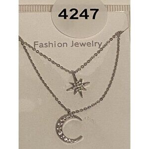 Kanna Two-Layer Necklace Sliver‎ Moon & Star Pendant Sparkle Jewelry Adjustable